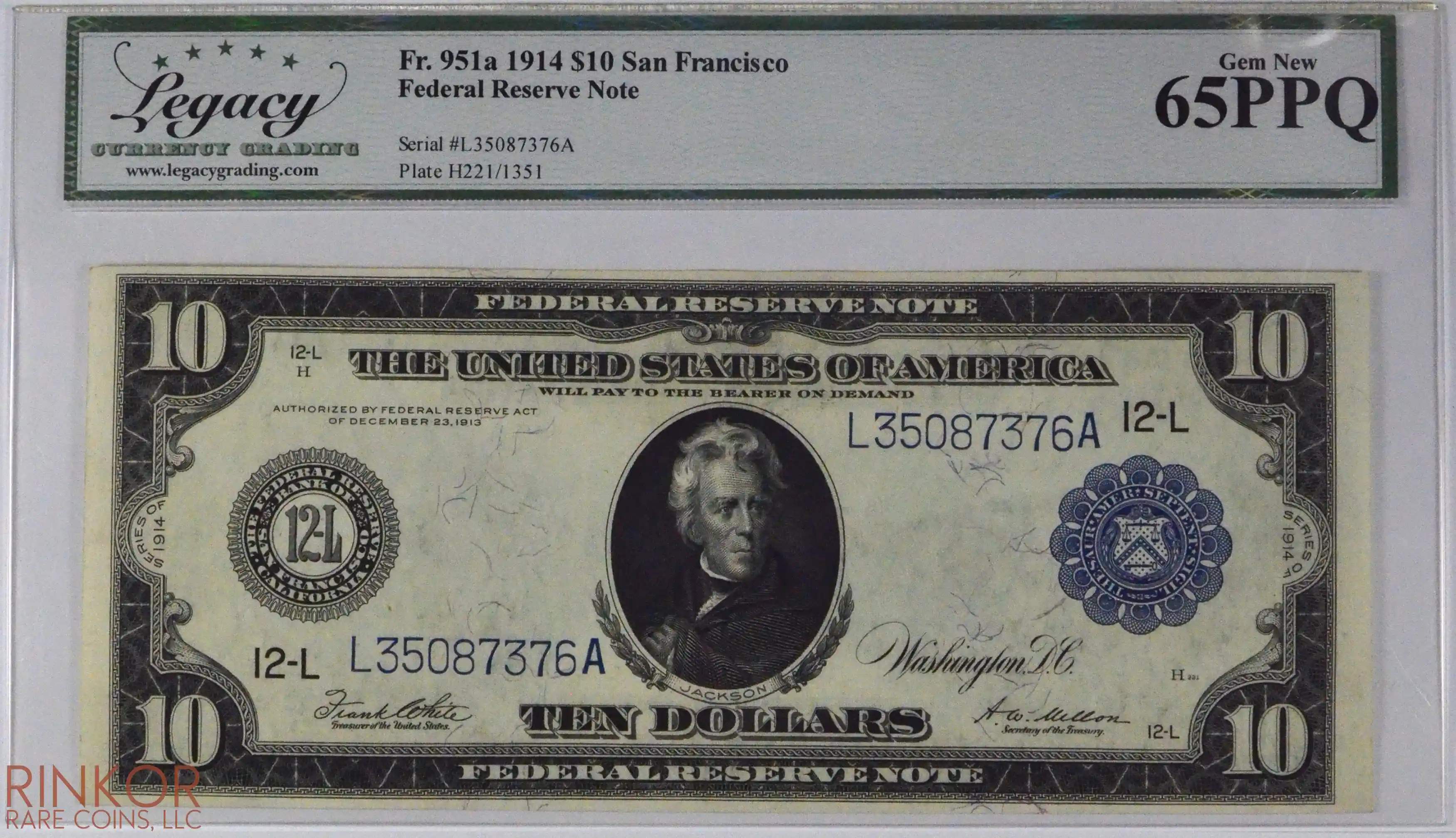 1914 $10 Fr. 951a San Francisco Federal Reserve Note LCG CU 65 PPQ