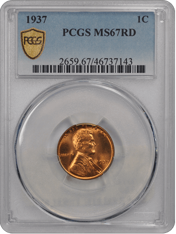 1937 1C Lincoln Cent - Type 1 Wheat Reverse PCGS RD #3460-6 MS67