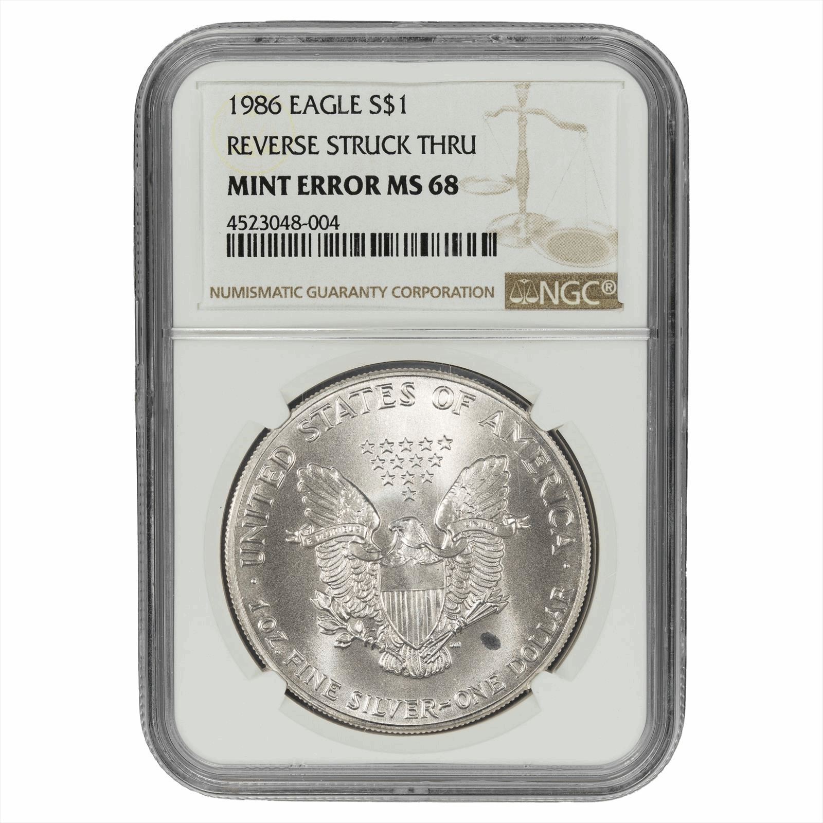 1986 American Silver Eagle - NGC - Mint Error Reverse Struck Through MS 68
