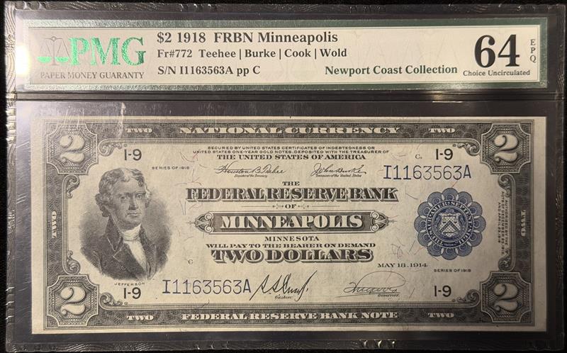 Fr. 772 1918 $2 Minneapolis Fed Reserve Bank Note Battleship PMG 64 EPQ 