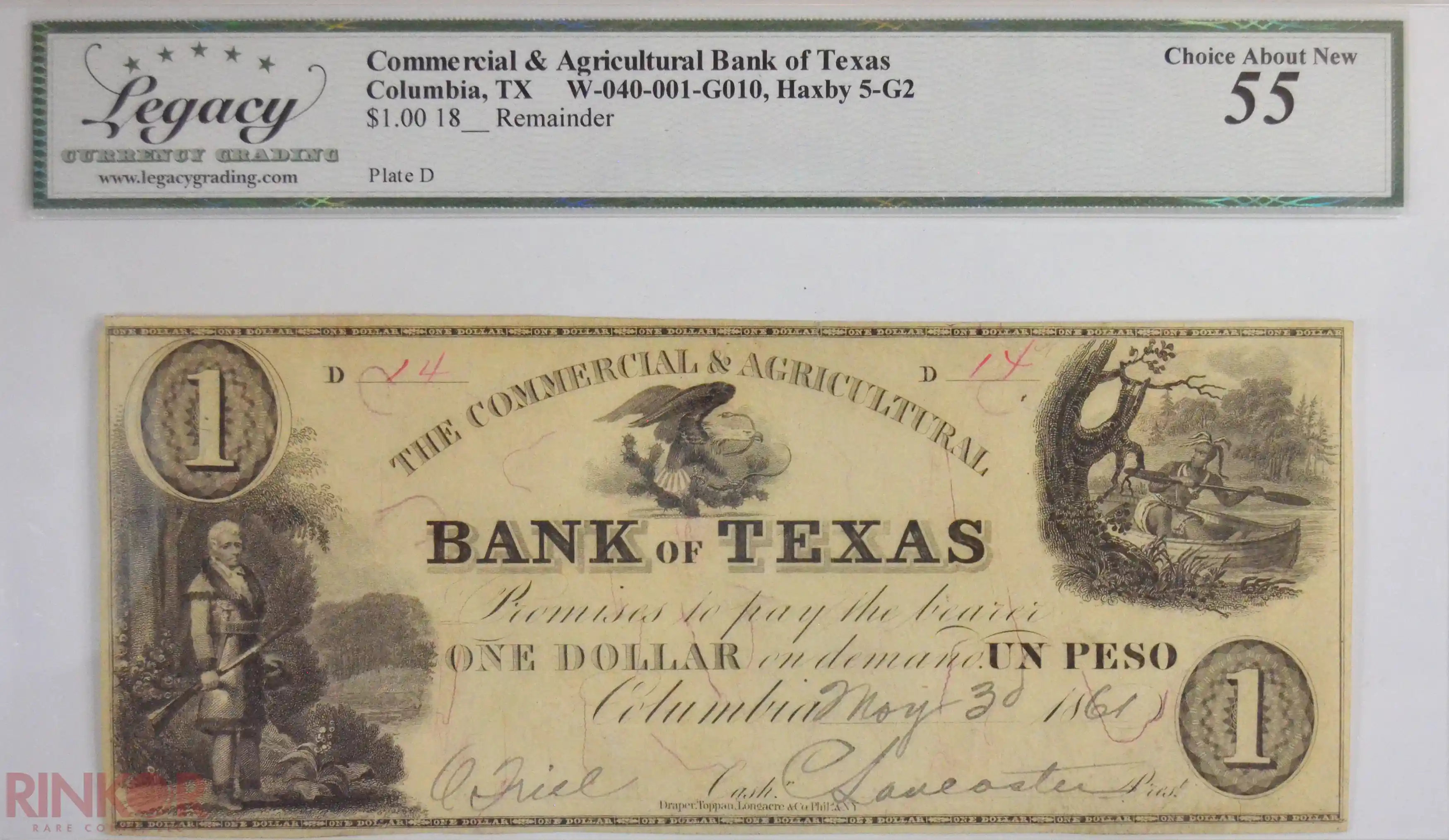 Commercial & Agricultural Bank of Texas $1 Haxby 5-G2 Remainder LCG AU-55