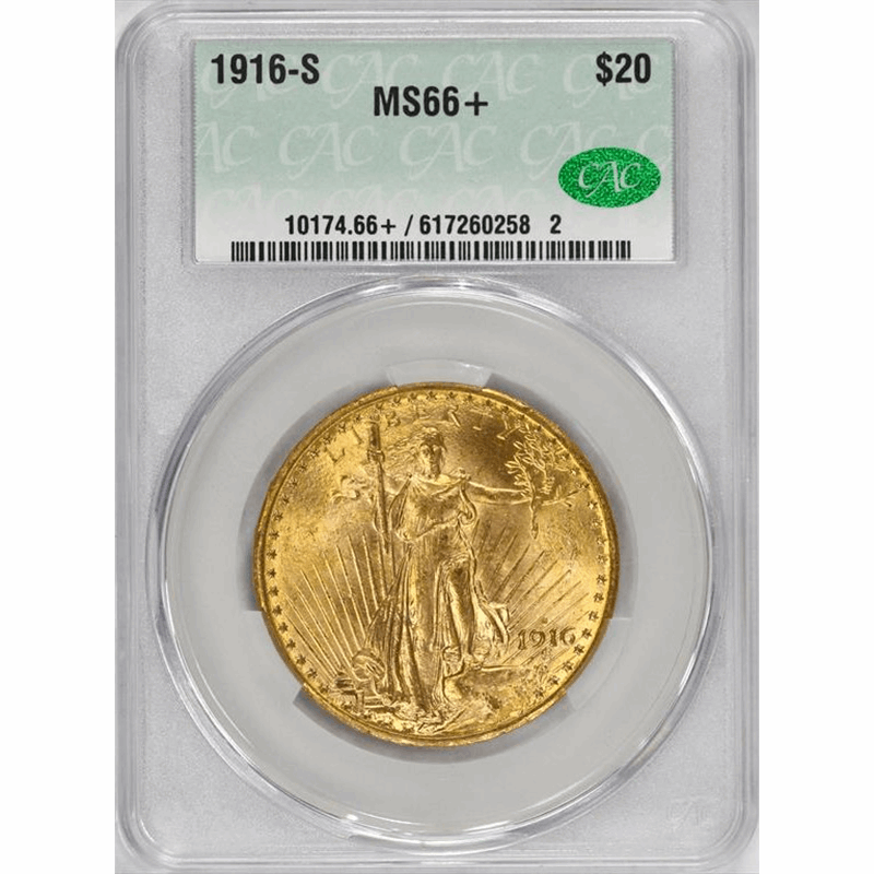 1916-S $20 Gold Saint Gaudens Double Eagle - CACG MS66+ CAC 