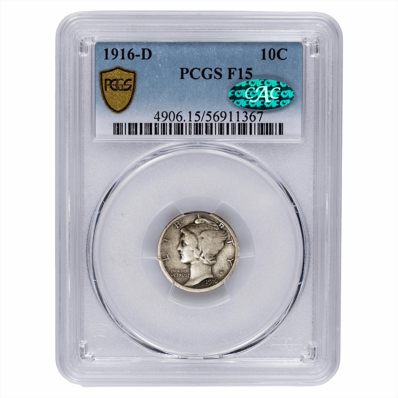 1916-D Mercury Dime 10C PCGS F 15 CAC