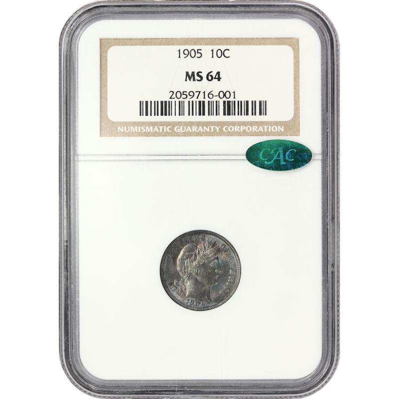 1905 10c Barber Dime NGC MS 64 - CAC Certified