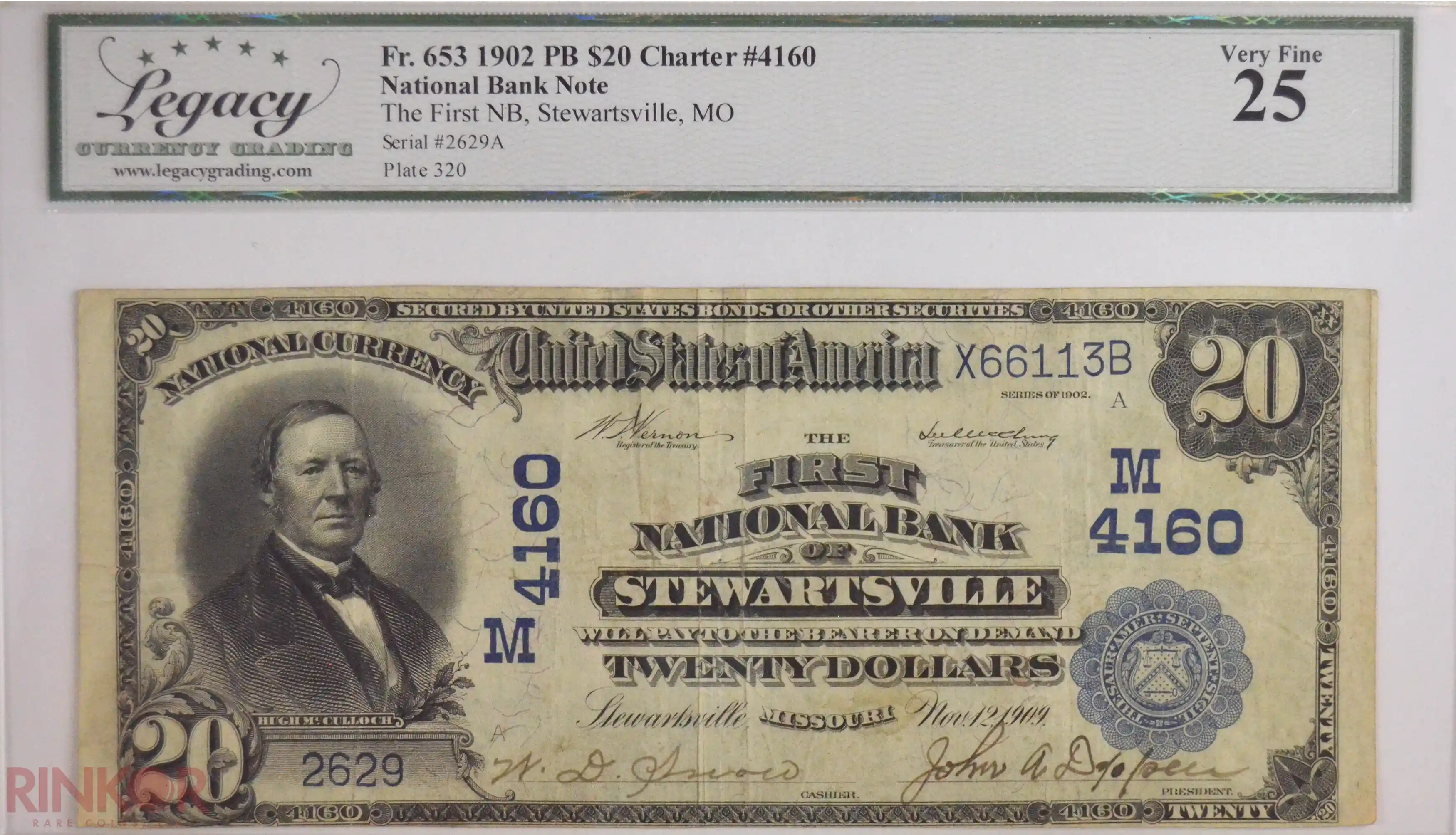 1902 Plain Back $20 Fr. 653 Charter #4160 National Bank Note LCG VF-25
