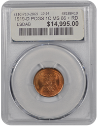 1919-D PCGS 1C MS 66 + RD 