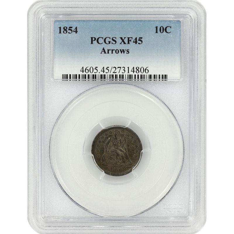 1854 Seated Liberty Dime 10C PCGS XF45 with Arrows Variety