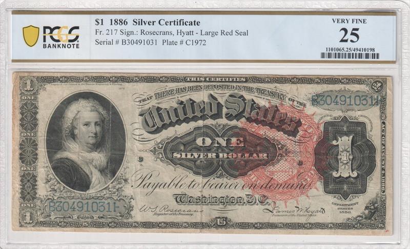 Fr. 217 1886 $1 Large Red Seal Silver Certificate PCGS Very Fine 25 