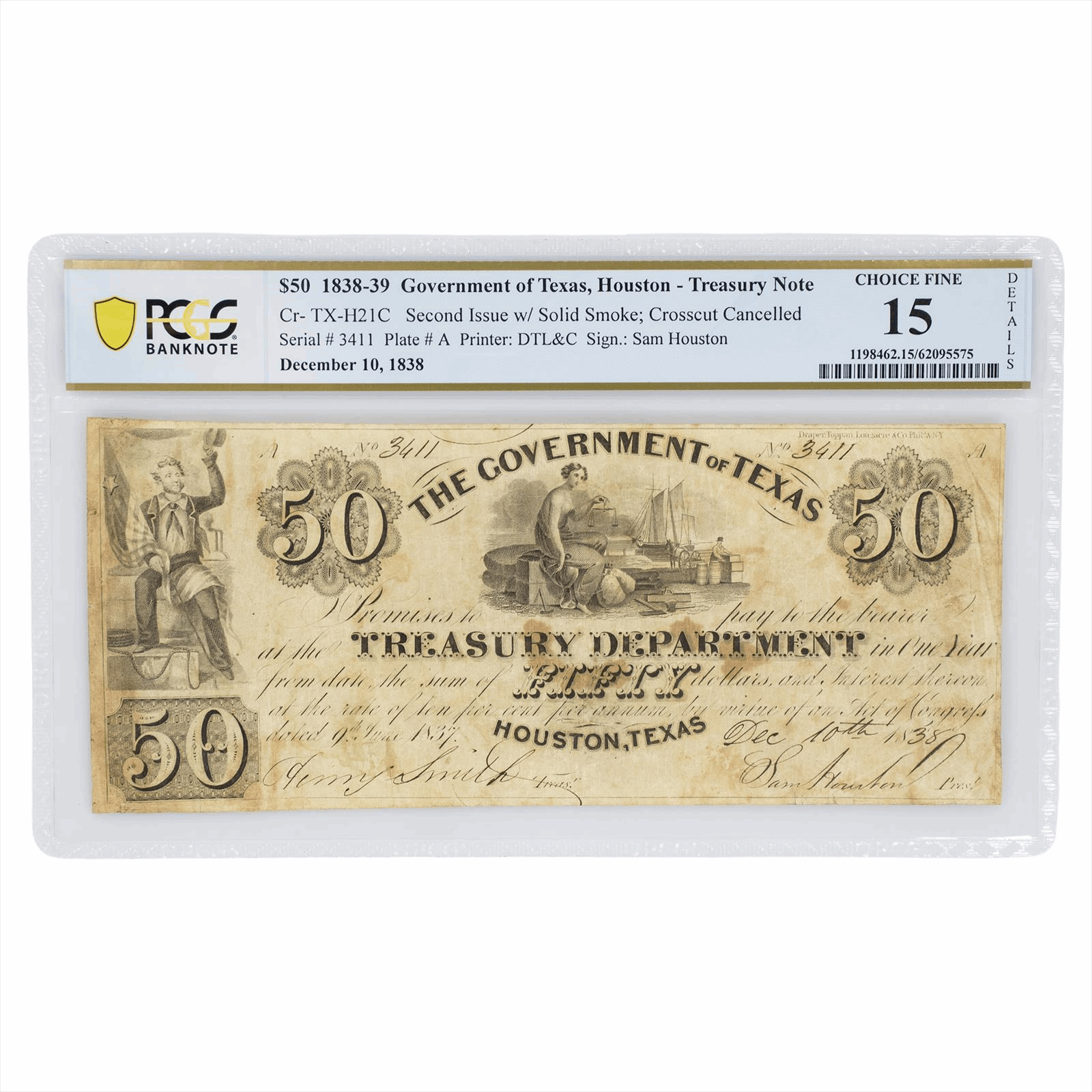 1838-39 $50 Government of Texas, Houston Treasury Note PCGS Choice Fine 15