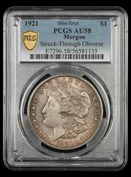 1921 $1 Morgan Mint Error Struck-Through Obverse PCGS AU-58