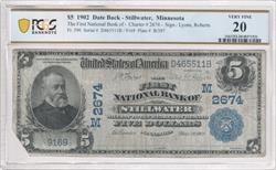 Fr. 590 1902 $5 The First National Bank of Stillwater 2674 Date Back PCGS VF20 