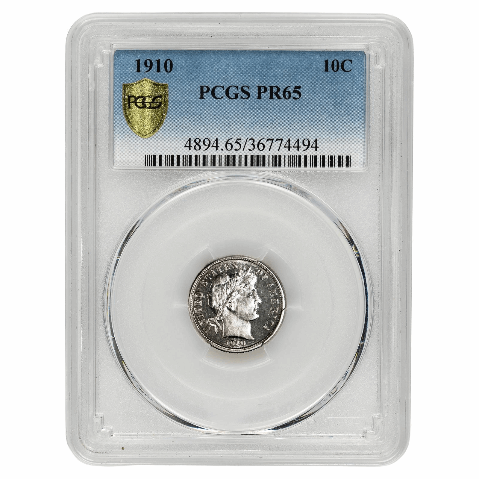 1910 Barber Dime 10C PCGS PR 65
