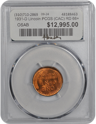 1931-D Lincoln PCGS (CAC) RD 66+