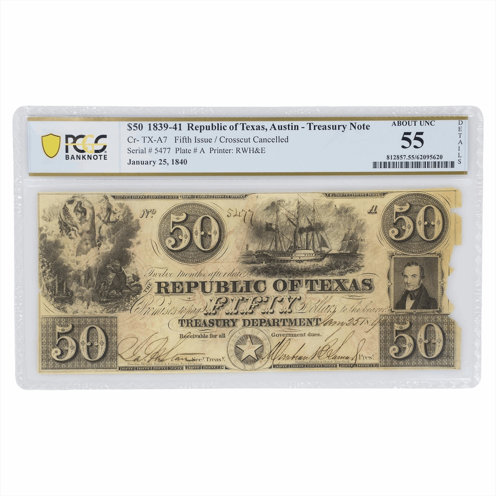 1839-41 $50 Republic of Texas, Austin Treasury Note PCGS About Unc 55