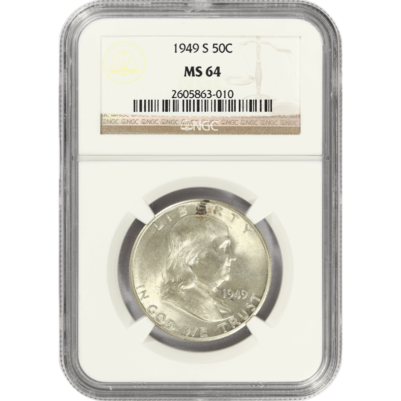 1949-S Franklin Half Dollar 50c, NGC MS 64 - Nice White Coin