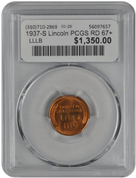 1937-S Lincoln PCGS RD 67+
