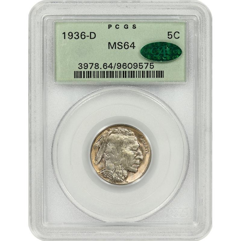 1936-D Buffalo Nickel 5C PCGS and CAC MS64 Old Green Holder