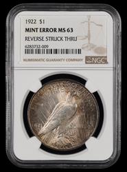 1922 $1 Mint Error Reverse Struck Thru NGC MS 63