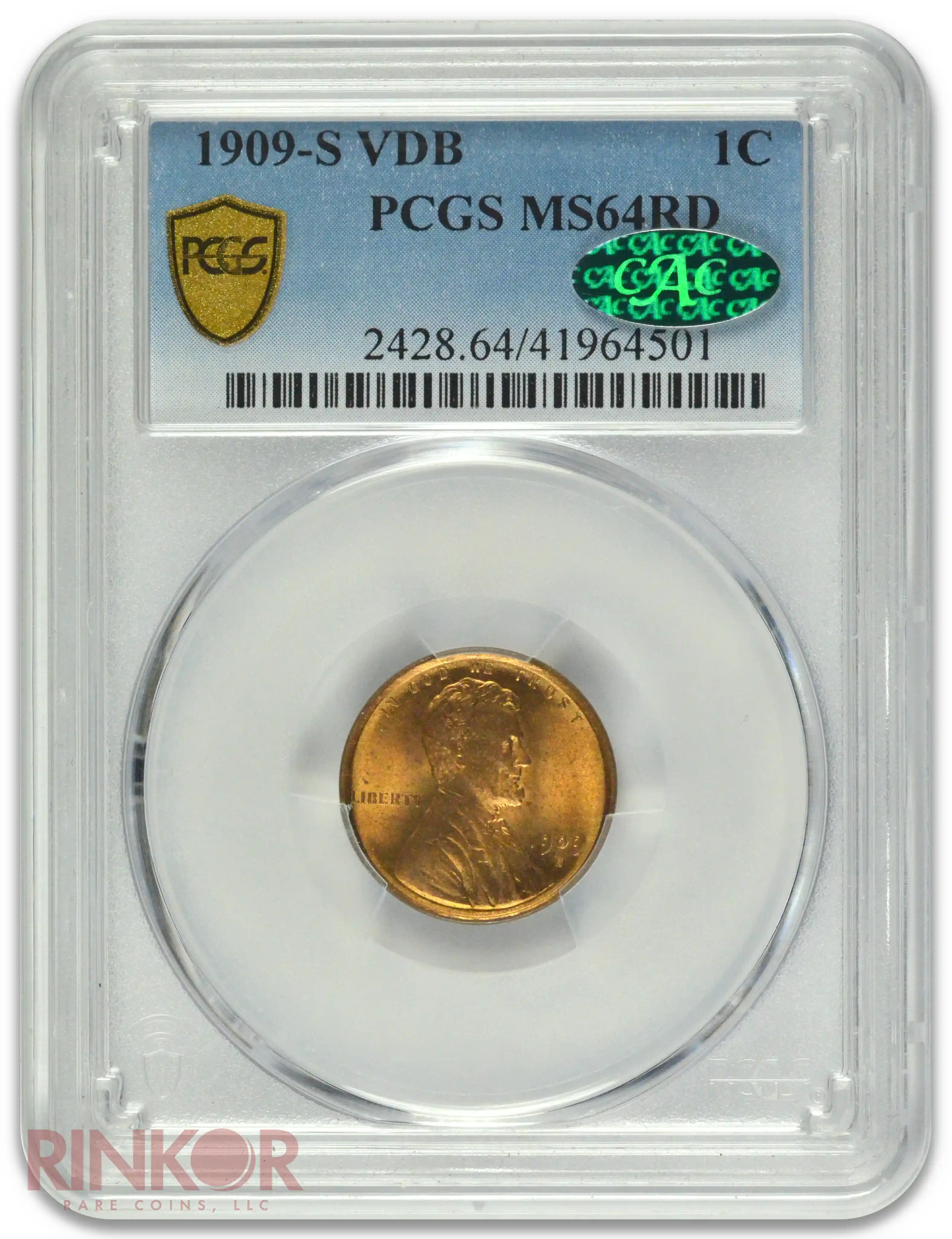 1909-S VDB 1C PCGS MS 64 RD CAC