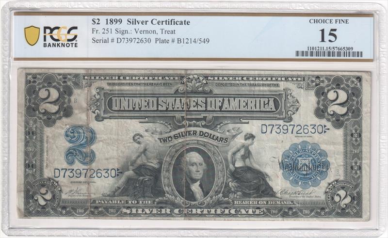 Fr. 251 1899 $2 Silver Certificate Mini Porthole PCGS F15 