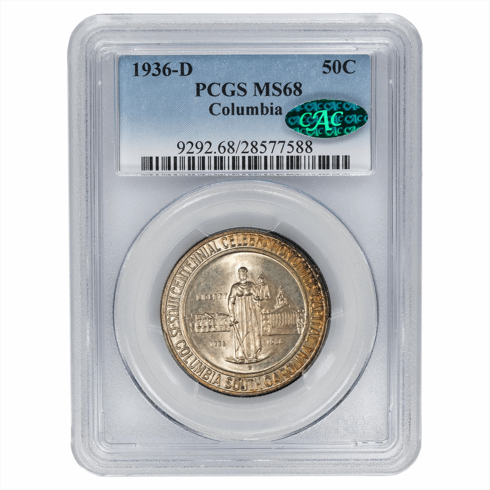 1936-D Columbia Commemorative Half Dollar 50c, PCGS MS 68 CAC