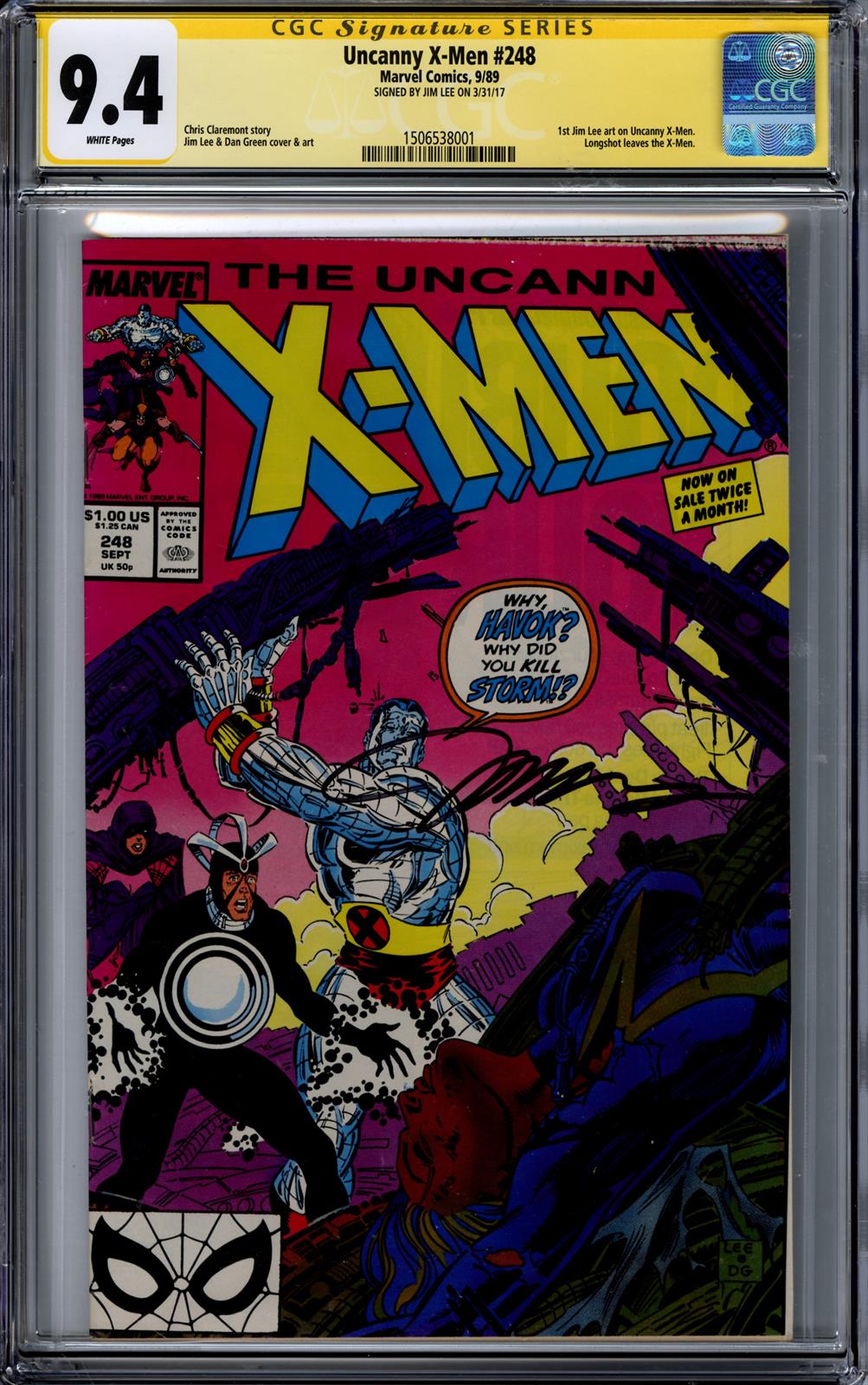 Uncanny X-Men #248 CGC Signature Series 9.4 (Marvel, 1989) Signed by Jim Lee 
