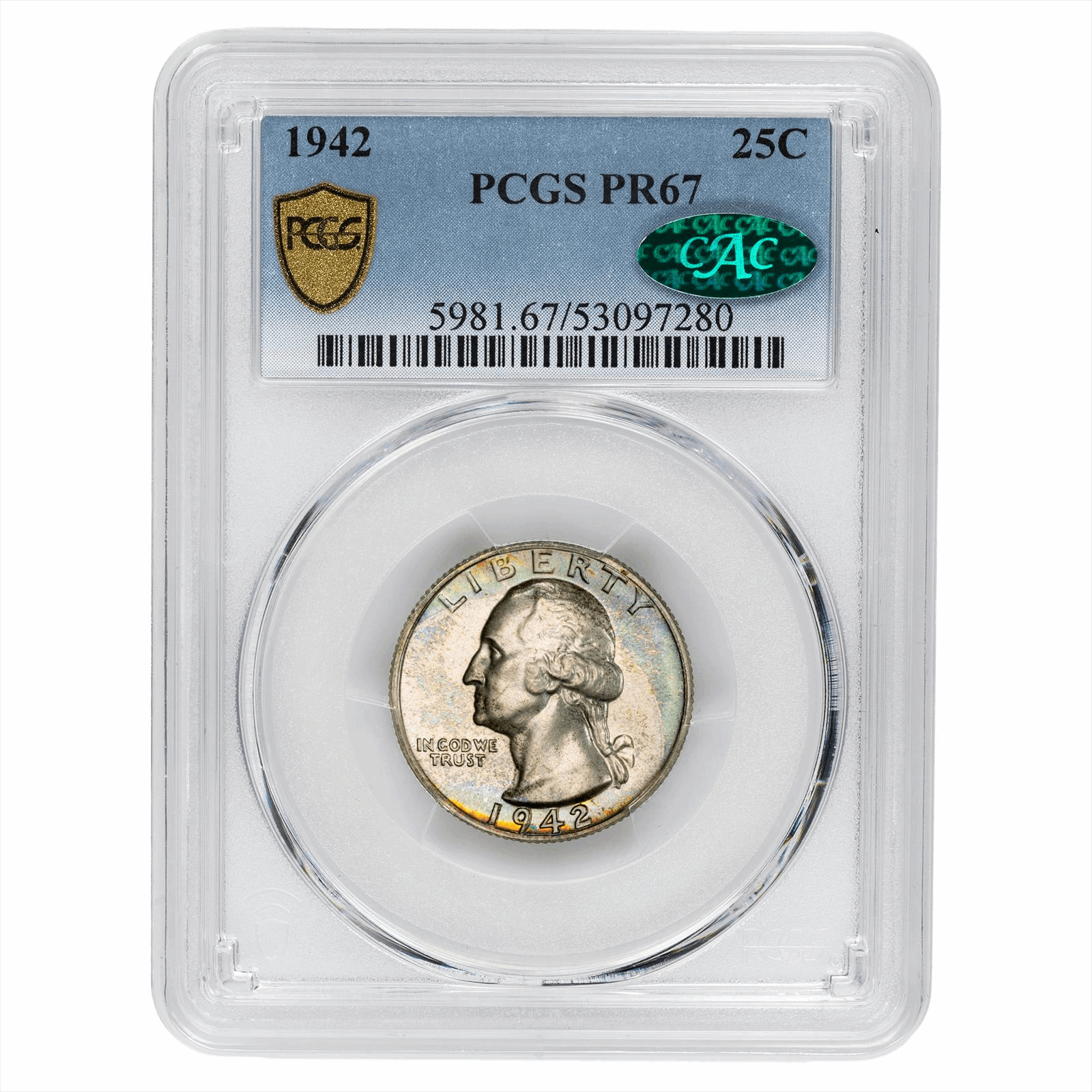 1942 Washington Quarter 25C PCGS PR 67 CAC