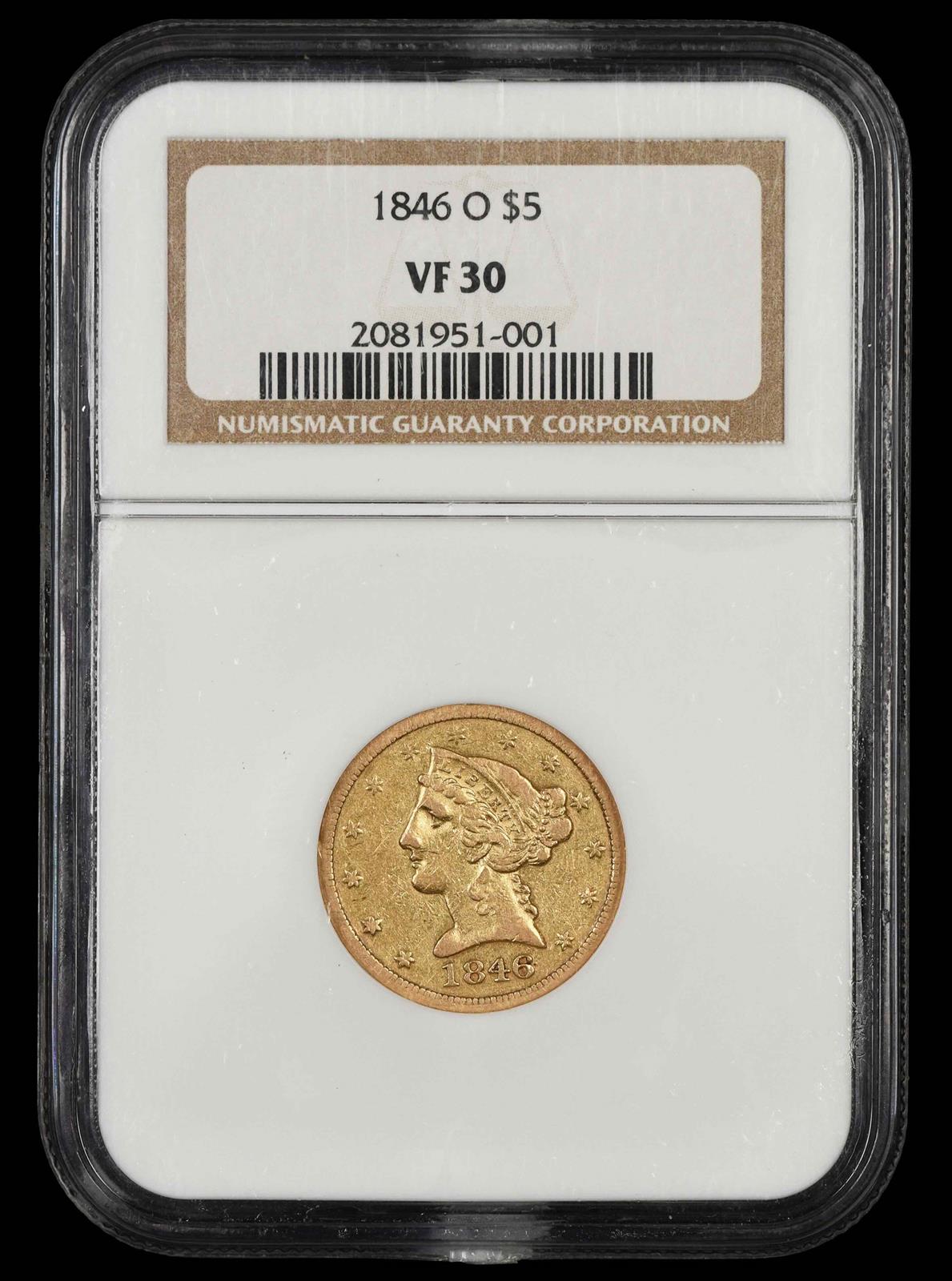 1846 O $5 Gold NGC VF 30