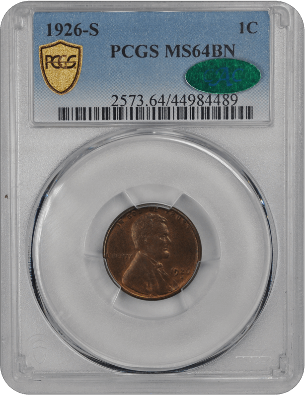 1926-S 1C Lincoln Type 1 Reverse PCGS BN (CAC) #3492-4 MS64