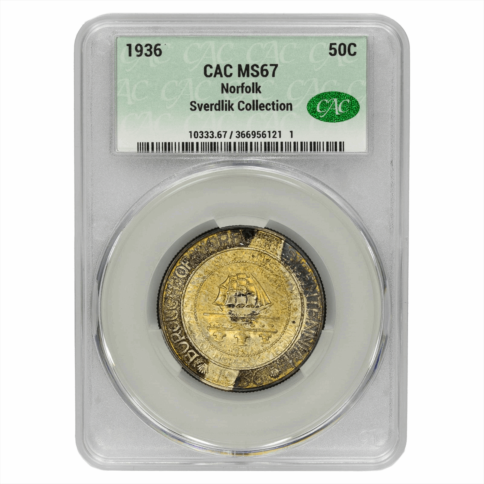1936 Norfolk Commemorative Half Dollar 50C CACG MS 67 CAC Sverdlik Collection