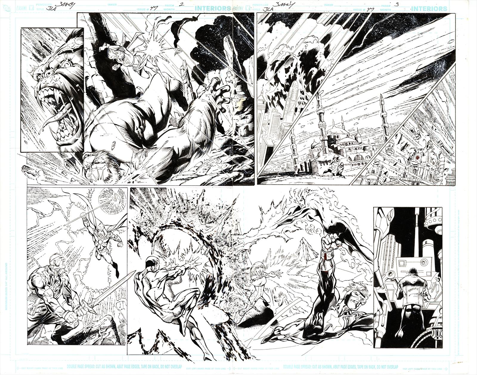 Justice League of America #47 Page 2 & 3 Artist:  Mark Bagley (Penciller) ,  Norm Rapmund (Inker) Media Type: Pen and Ink Art Type: Double Page Splash 