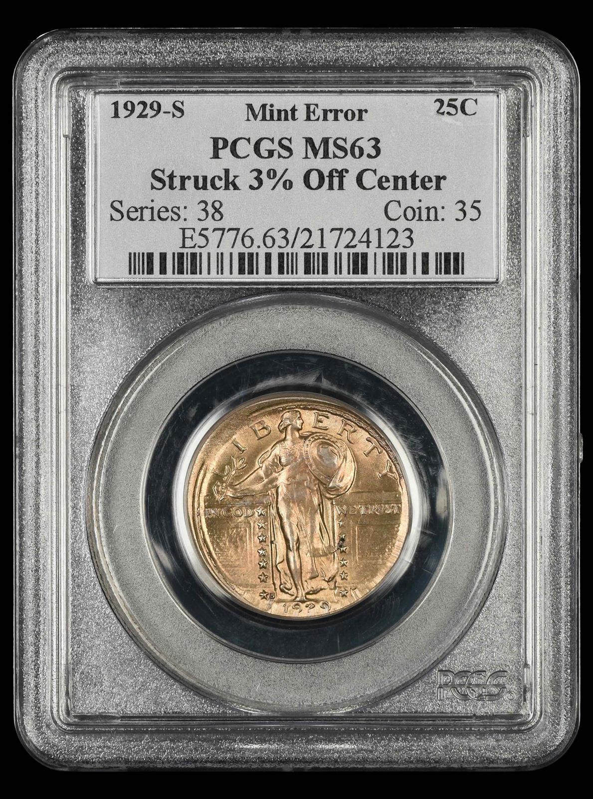 1929 S 25C Mint Error Struck 3% Off Center PCGS MS 63