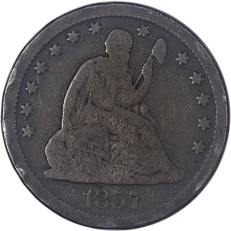 1857 No Motto, Seated Liberty Quarter 25c Circulated, Good - Original