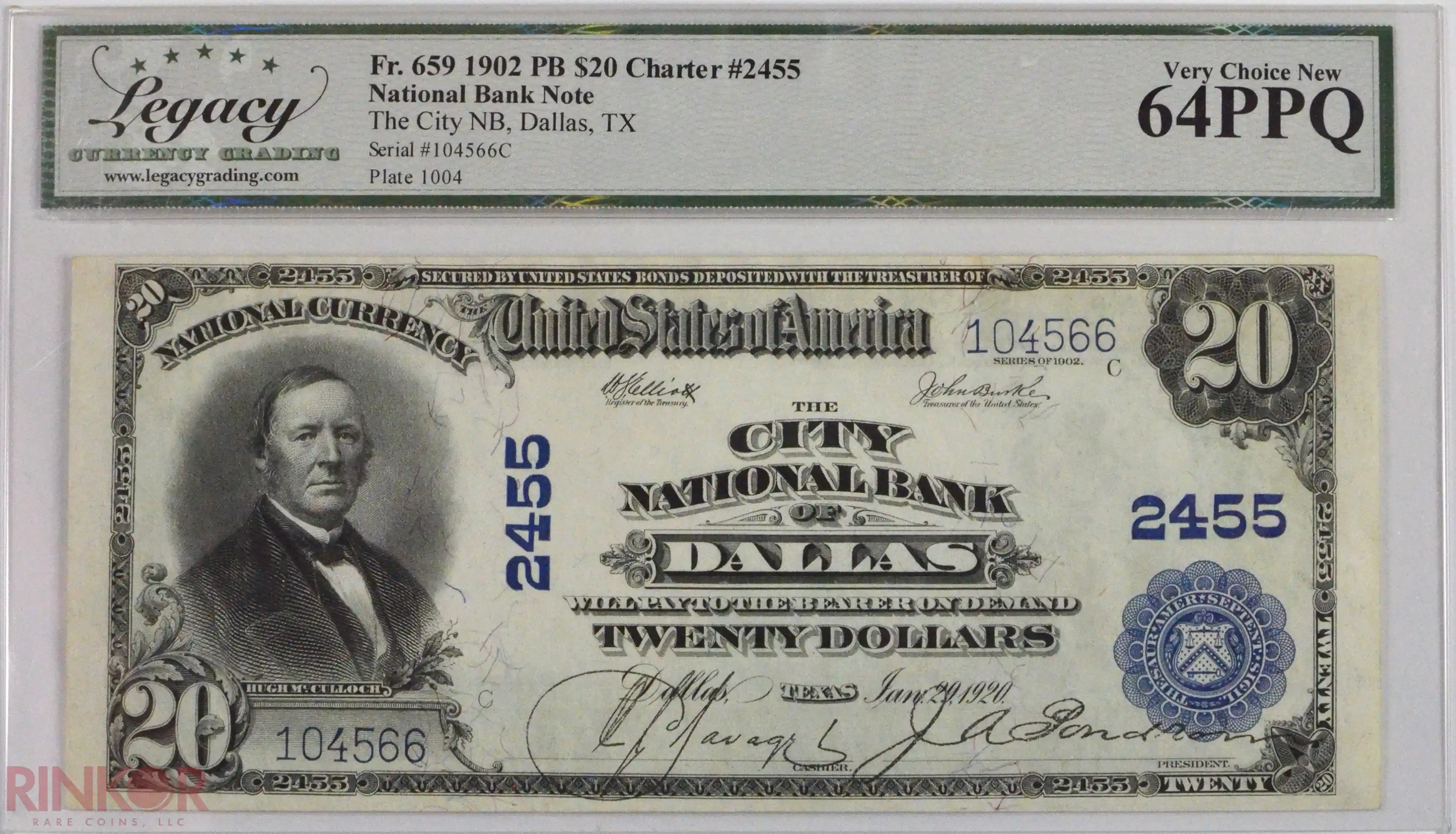 1902 Plain Back $20 Fr. 659 Charter #2455 National Bank Note LCG CU 64 PPQ