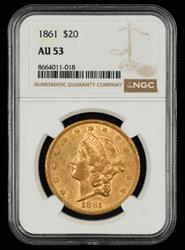 1861 $20 Gold NGC AU53