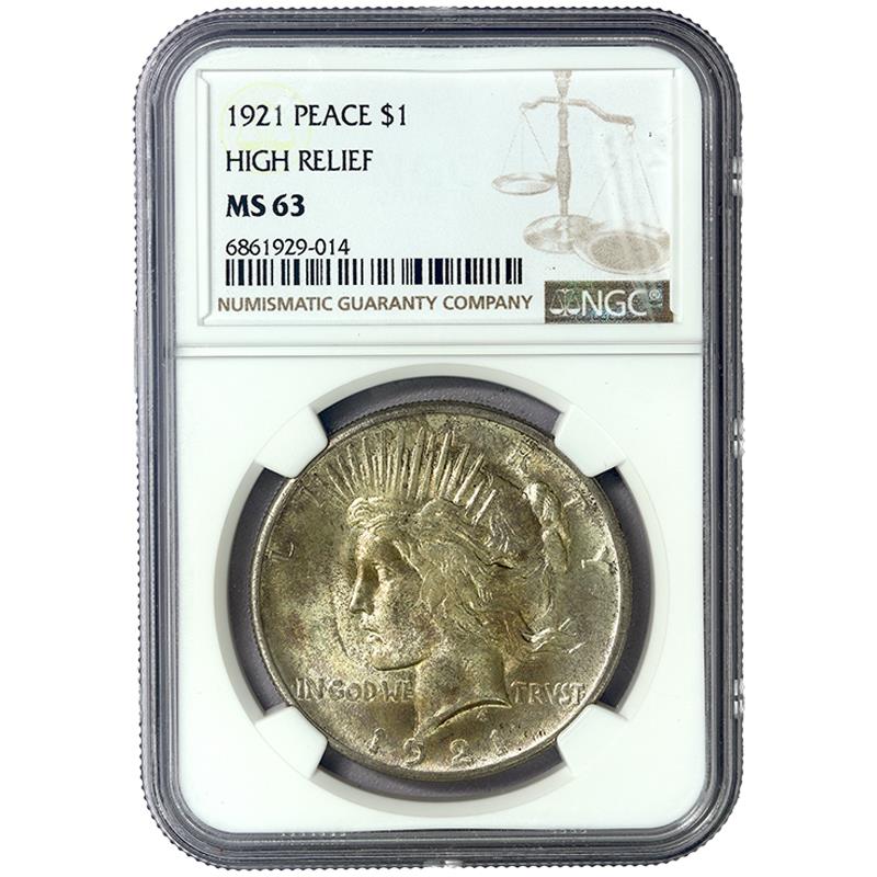 1921 $1 Peace Dollar High Relief, Peace NGC MS 63 - Taupe Toning 