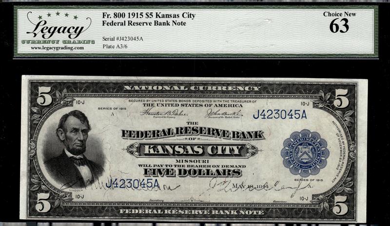 FR. 800 1915 $5 KANSAS CITY FEDERAL RESERVE BANK NOTE  CHOICE NEW 63 