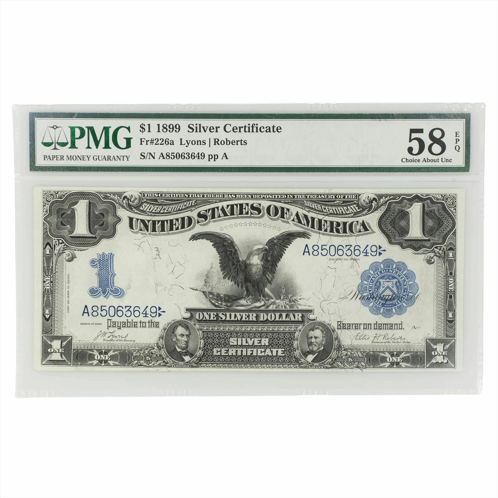 1899 $1 Silver Certificate A85063649 FR#226a PMG 58 EPQ Choice About Unc