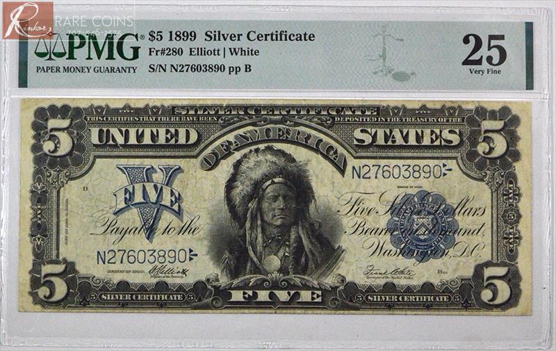 1899 $5 Fr. 280 Silver Certificate PMG VF-25