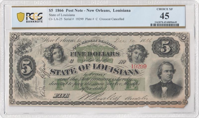 Cr- LA-25 1866 $5 State of Louisiana Post Note PCGS Choice XF 45 