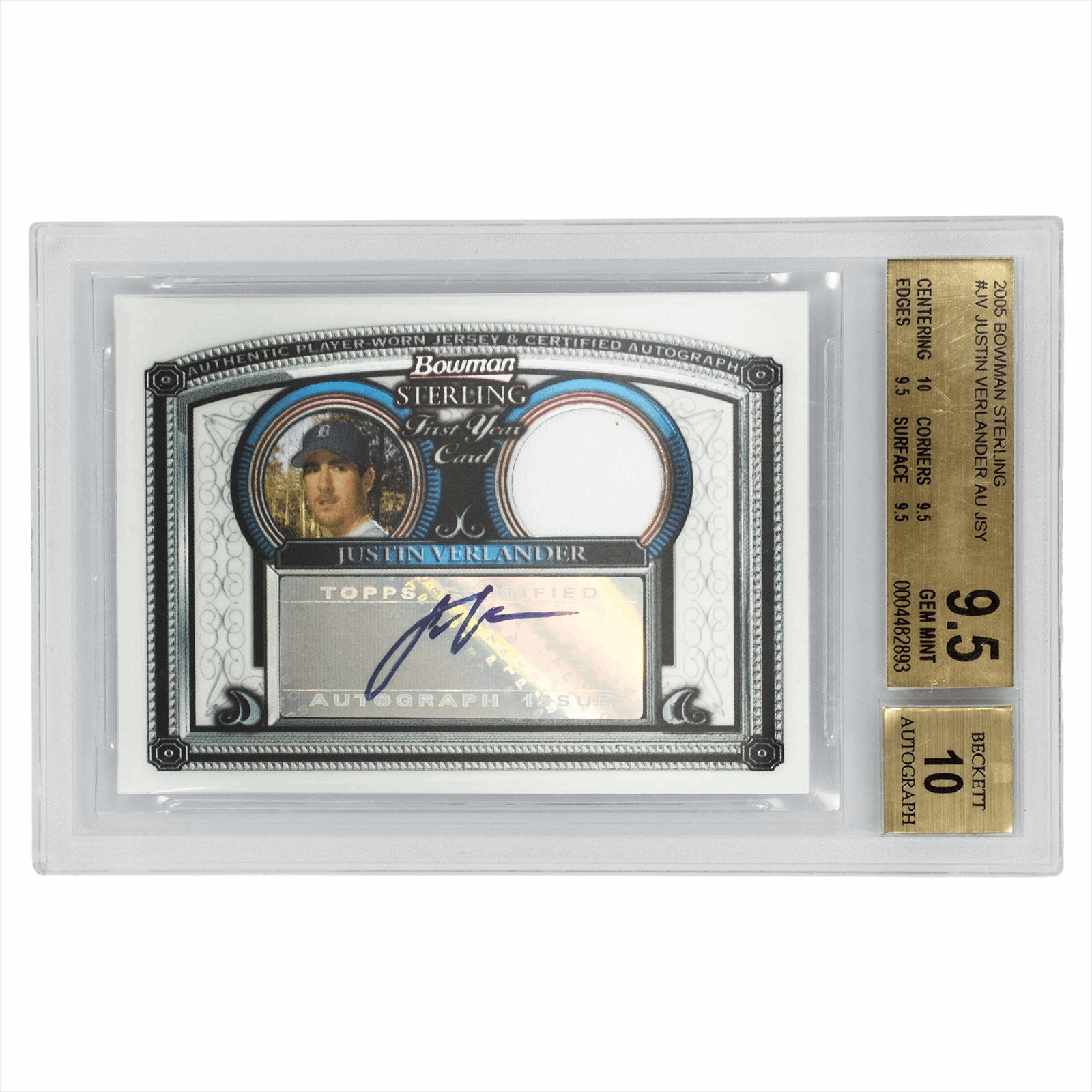 2005 Bowman Sterling Justin Verlander #JV AU JSY BGS GEM MINT 9.5 AUTO 10