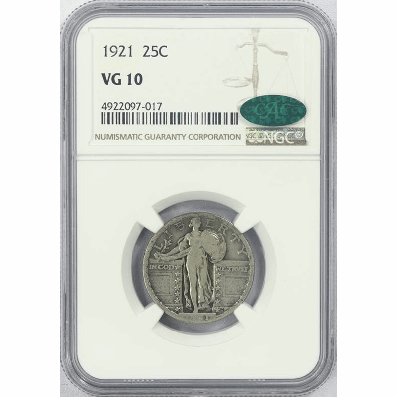 1921 25c Standing Liberty Quarter - NGC VG10 - CAC Approved!