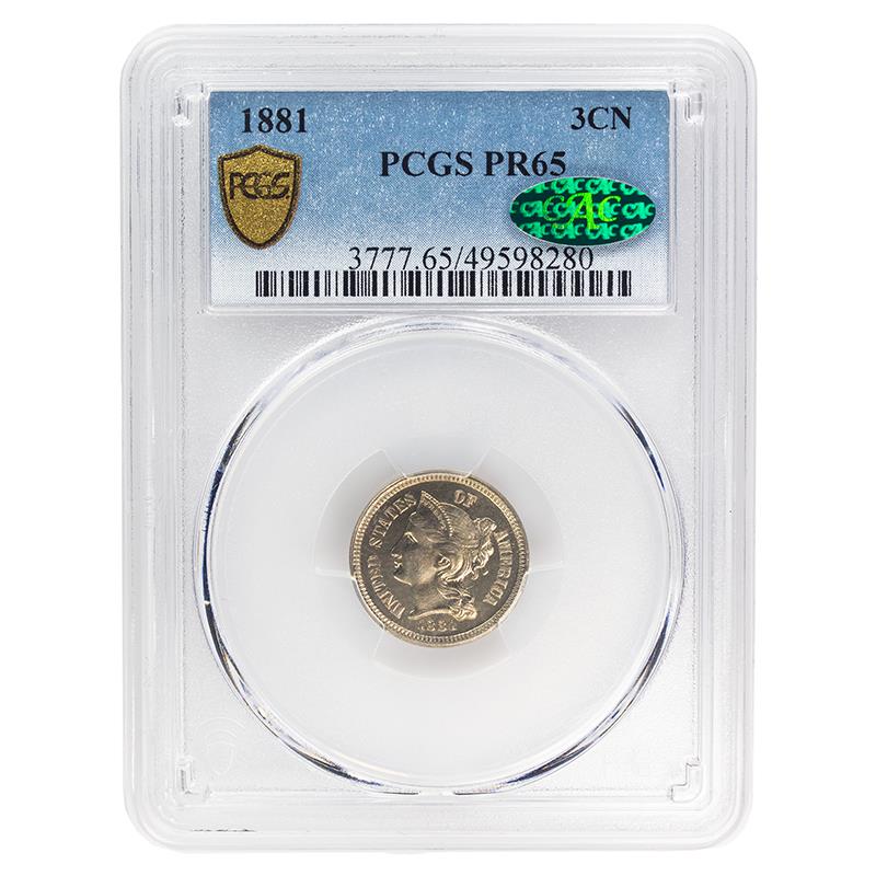 1881 Three Cent Nickel, 3CN PCGS  PR 65, CAC Certified