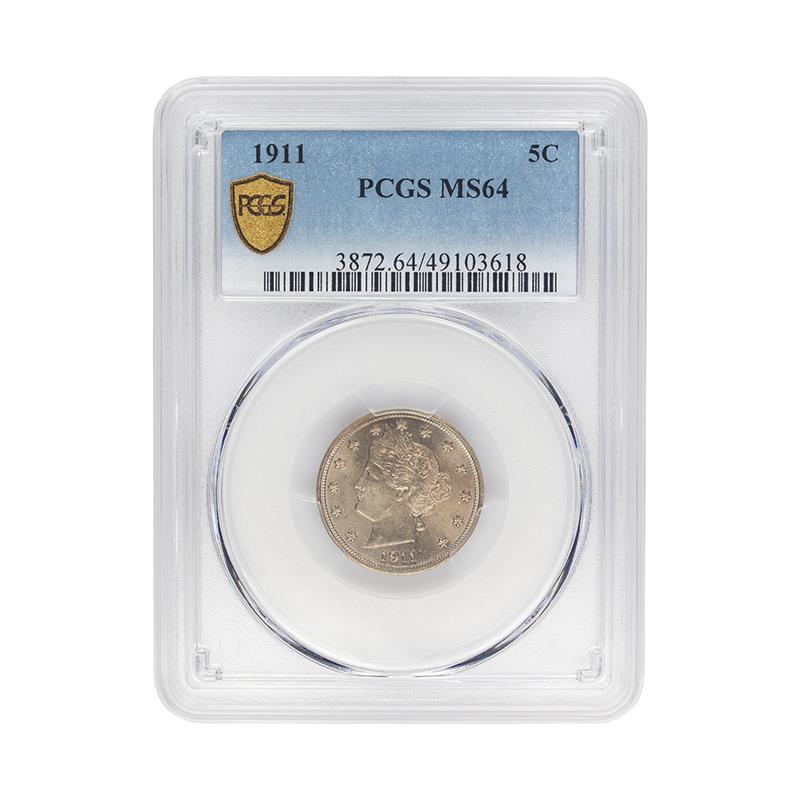 1911 Liberty Head or V-Nickel, 5C PCGS MS-64 - Nice Original Coin, PQ+