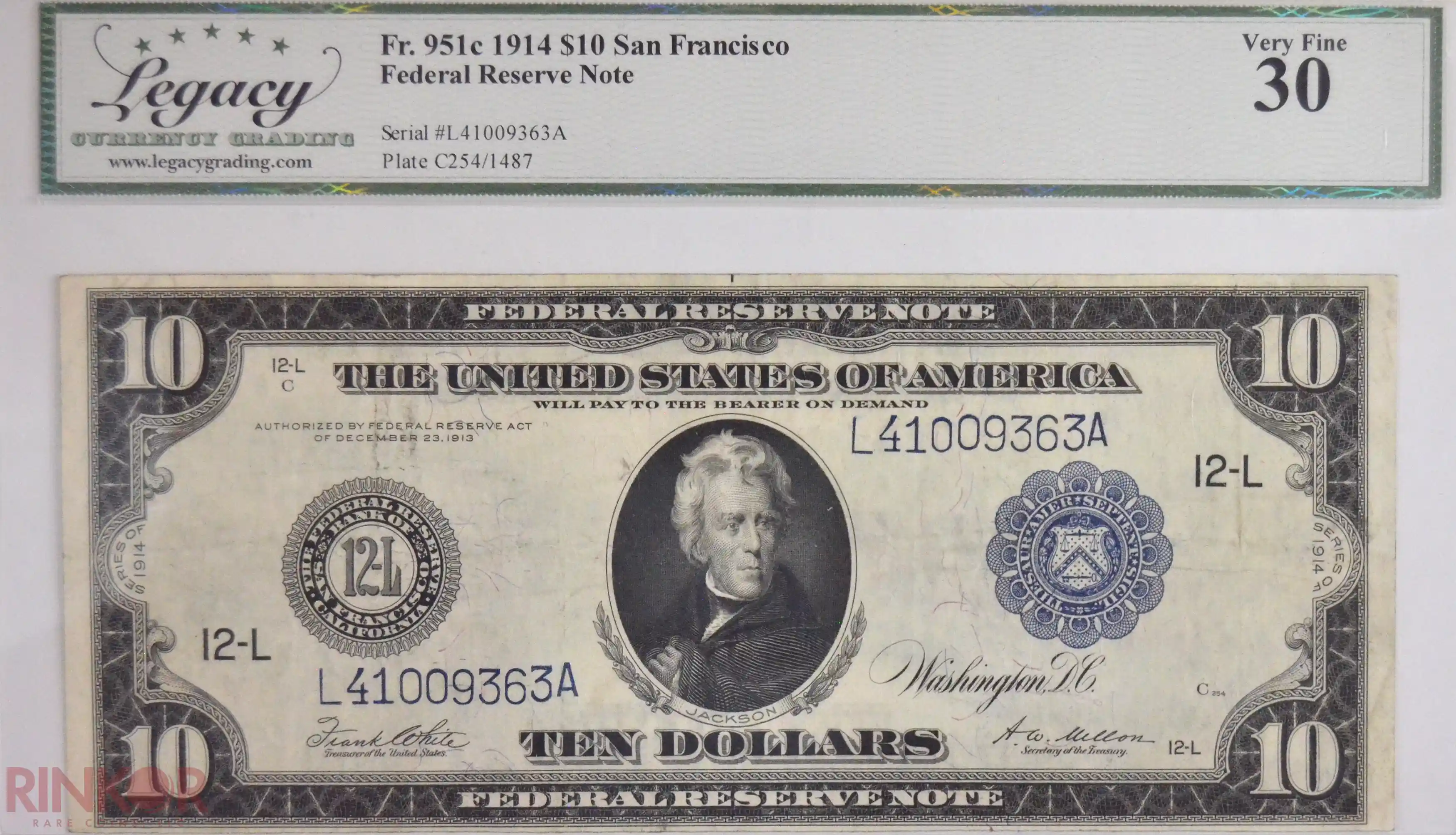 1914 $10 Fr. 951c San Francisco Federal Reserve Note LCG VF-30