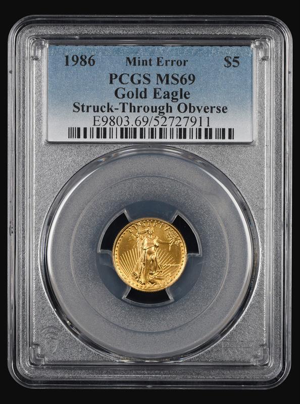 1986 $5 PCGS Gold Eagle Mint Error Obverse Struck Thru MS69