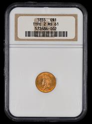 1855 $1 Gold Toned NGC MS 61
