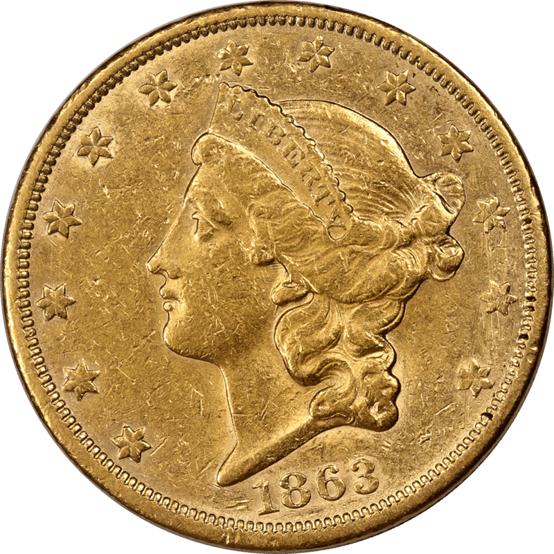 1863-S Liberty $20 Gold Double Eagle, Raw Circulated, About Uncirculated
