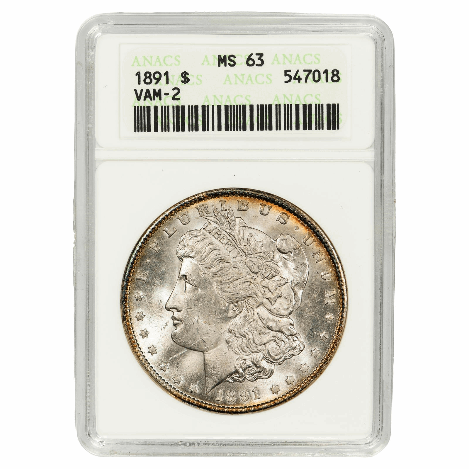 1891 VAM2 Doubled Ear Morgan Dollar $1 ANACS MS 63 Soapbox