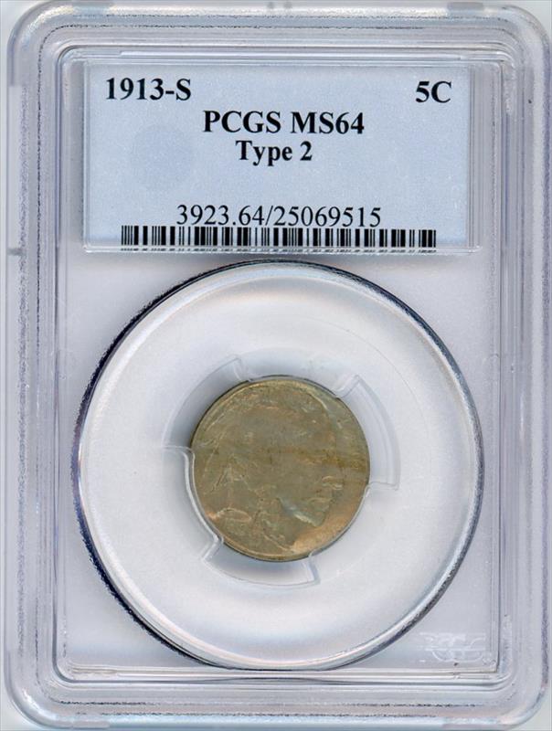 1913-S Buffalo Nickel 5c, PCGS MS 64 - Key Date Example